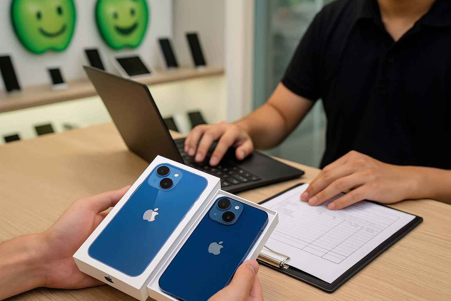 青蘋果3C 台中門市 iPhone 17 收購情境示意圖|現場交易場景